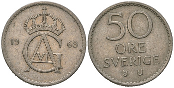 Швеция 50 эре 1968 U, Густав VI Адольф (1950-1973) KM 837 медно-никель 4621-335