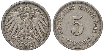 Германия 5 пфеннигов 1911 A KM 11, J. 12, Weege 6 медно-никель 25-1826