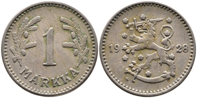 ФИНЛЯНДИЯ 1 МАРКА 1928 S KM 30 медно-никель 4388-955