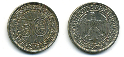 Германия 50 рейхспфеннигов 1929 А KM 49, J. 324 никель 58-534