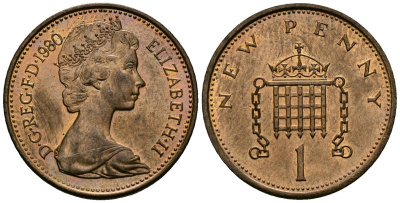 Великобритания 1 пенни 1980 Елизавета II (1952-2022) KM 915, Spink 4237 (B1) бронза 4548-1125