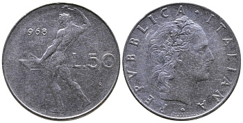 ИТАЛИЯ 50 ЛИР 1968 R, КУЗНЕЦ KM 95.1 сталь 3333-824