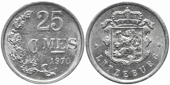 Люксембург 25 сантимов 1970 Герцог Жан (1964-1999) KM 45a.1 алюминий 100-628