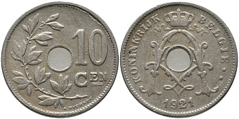 БЕЛЬГИЯ 10 САНТИМОВ 1921 BELGIE KM 86 медно-никель 4364-2651