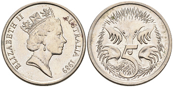 АВСТРАЛИЯ 5 ЦЕНТОВ 1989 ЕЛИЗАВЕТА II, ВТОРОЙ ПОРТРЕТ В КОРОНЕ, ЕХИДНА KM 80 медно-никель 4564-231