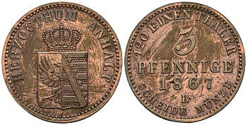 Ангальт-Бернбург 3 пфеннига 1867 B, Леопольд IV (1863-1871) KM 98, Jaeger 68, AKS 33 медь 219-313