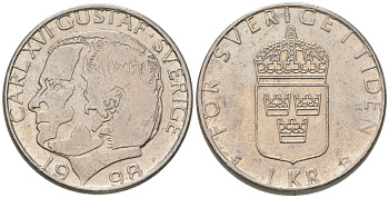 Швеция 1 крона 1998 D, Карл XVI Густав (1973-) KM 852a медно-никель 4561-432