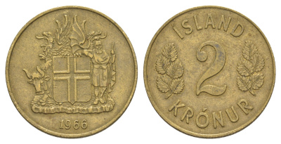 Исландия 2 кроны 1966 KM 13a.1 никель латунь 4635-122