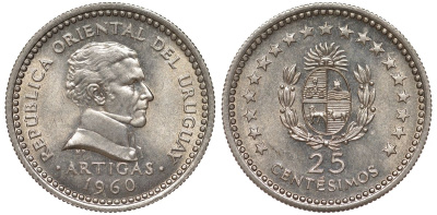 Уругвай 25 сентесимо 1960 KM 40 медно-никель 4580-1158