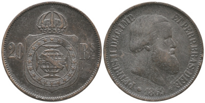 Бразилия 20 рейсов 1869 Педро II (1831-1889) KM 474 бронза 34-325
