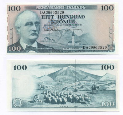 Исландия 100 крон 1961 подпись 38, Триггви Гуннарссон, вулкан Гекла Pick 44 a (7) бумага UNC (пресс) 7222-38-2