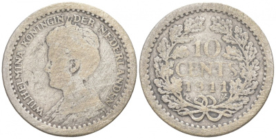 Нидерланды 10 центов 1911 Вильгельмина I (1890-1948) KM 145 серебро 44-1021