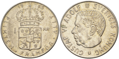 Швеция 1 крона 1965 U, Густав VI Адольф (1950-1973) KM 826 серебро 4150-157