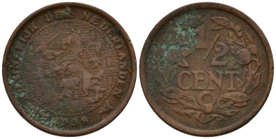 Нидерланды 1/2 цента 1938 Вильгельмина I (1890-1948) KM 138 бронза 4152-638