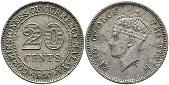 Британская Малайя 20 центов 1950 Георг VI (1937-1952) KM 9 медно-никель 3334-626