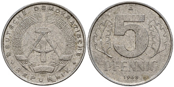 ГДР 5 пфеннигов 1968 A KM 9.1 алюминий 206-666