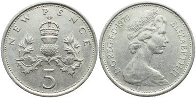 Великобритания 5 пенсов 1970 Елизавета II (1952-2022) KM 911, Spink 4233 (D1) медно-никель 4395-333