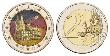 Германия 2 евро 2011 A, серия федеральные земли, Северный Рейн-Вестфалия, Кельнский собор, цветное покрытие KM 293 биметалл UNC 1084-7-65