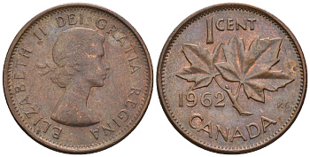 Канада 1 цент 1962 Елизавета II (1952-2022), кленовый лист  KM 49 бронза 4609-121