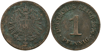 Германия 1 пфенниг 1876 Вильгельм II (1888-1918) KM 1, J. 1 медь 4608-257