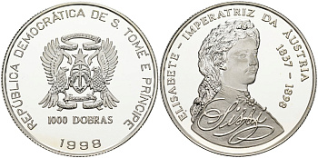 Сан-Томе и Принсипи 1000 добра 1998 Елизавета - императрица Австрии (1837-1898) KM 114 серебро PROOF 00-000-00