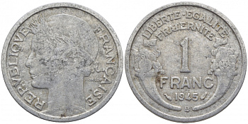 ФРАНЦИЯ 1 ФРАНК 1945 В KM 885а.2 алюминий 4448-324