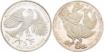 ФРГ 5 МАРОК 1976 D, 300 ЛЕТ СО ДНЯ СМЕРТИ ГАНСА ЯКОБА КРИСТОФФЕЛЯ фон ГРИММЕЛЬСГАУЗЕНА KM 144, J. 419 серебро PROOF 1087-2-72