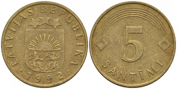 Латвия 5 сантимов 1992 KM 16 латунь 4547-1142