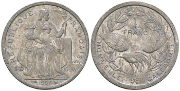 Французская Новая Каледония 1 франк 1997 птица кагу, (IEOM) KM 10, Schoen 10, Lec 52b алюминий 41-752