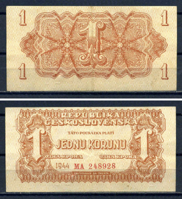 Чехословакия 1 крона 1944 Pick 45 бумага 8592-15-3-2