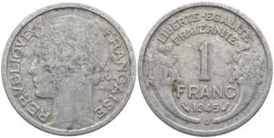 ФРАНЦИЯ 1 ФРАНК 1945 В KM 885а.2 алюминий 4448-324