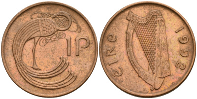 Ирландия 1 пенни 1992 мифологическая птица лира KM 20a бронза 4141-242