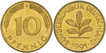 ФРГ 10 пфеннигов 1991 D KM 108, J. 383 сталь плакированная латунью 4175-956