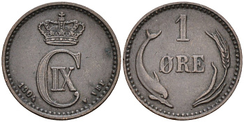 Дания 1 эре 1904 VBP, Кристиан IX (1863-1906) KM 792 бронза 188-1234