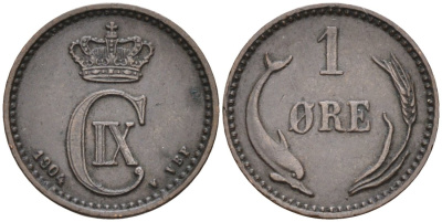 Дания 1 эре 1904 VBP, Кристиан IX (1863-1906) KM 792 бронза 188-1234