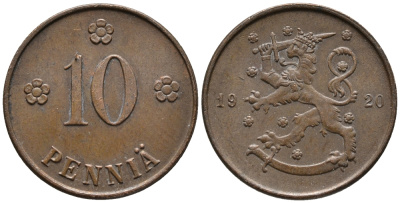 Финляндия 10 пенни 1920 республика (1918-1962) KM 24 медь 34-1036