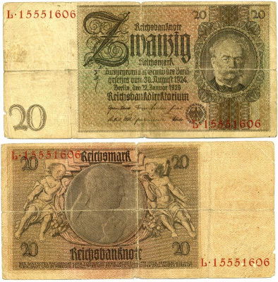 ГЕРМАНИЯ 20 РЕЙХСМАРОК 1929 Pick 181a бумага 3295-79-3