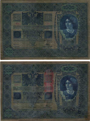 АВСТРИЯ 1000 КРОН 1919 КРАСНАЯ ВЕРТИКАЛЬНАЯ НАДПЕЧАТКА НА 1902 Pick 59 бумага 7205-45-2-1