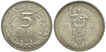 Германия 5 марок 1925 A, 1000 летие Рейнланда Weege 25, J. 322, KM 46 серебро UNC 00-821-73
