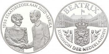 НИДЕРЛАНДЫ МЕДАЛЬ ND КОРОЛЕВА БЕАТРИКС, 1996 ГОД ГОСУДАРСТВЕННЫЙ ВИЗИТ В ЮАР, ДИАМЕТР 38,5 ММ., ВЕС 22,12 ГР. серебро PROOF 02-036-43