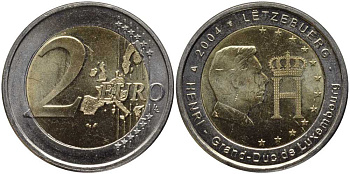 Люксембург 2 евро 2004 Портрет и монограмма герцога Люксембурга Анри Нассау KM 85 биметалл UNC 115-1244