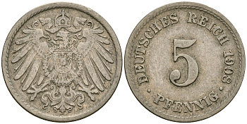 Германия 5 пфеннигов 1908 D KM 11, Jager 12, Weege 6 медно-никель 4364-4556