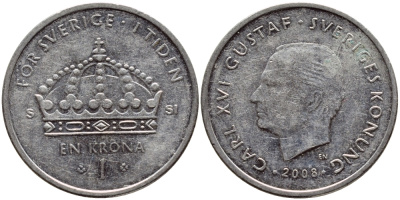 Швеция 1 крона 2008 Карл XVI Густав (1973- ) KM 894 медно-никель 259-126