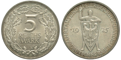 Германия 5 марок 1925 A, 1000 летие Рейнланда Weege 25, J. 322, KM 46 серебро UNC 00-821-73