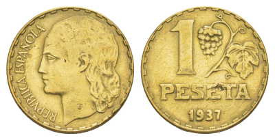 Испания 1 песета 1937 KM 755 латунь 4538-332