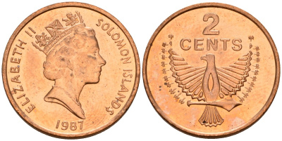 Соломоновы Острова 2 цента 1987 Елизавета II (1953-) KM 25 сталь плакированная бронзой aUNC 4561-425