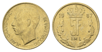 Люксембург 5 франков 1987 Великий герцог Жан (1964-1999) KM 60 алюминиевая бронза 4673-1232