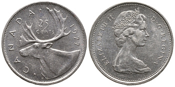 Канада 25 центов 1977 Елизавета II (1952-2022), олень карибу KM 62b никель 4364-145