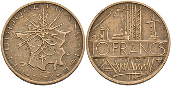 Франция 10 франков 1976 тип Матье KM 940, Le Franc 365.7-8 никель латунь 4593-544