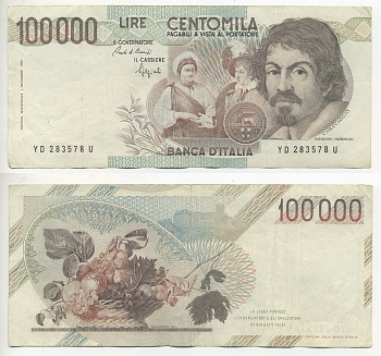 Италия 100000 лир 1983 Караваджо, фруктовый букет, подпись Speziali Pick 110b бумага 7220-12-3